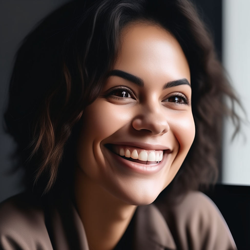 a close-up of the smiling woman from image 15 giving a video call on her laptop