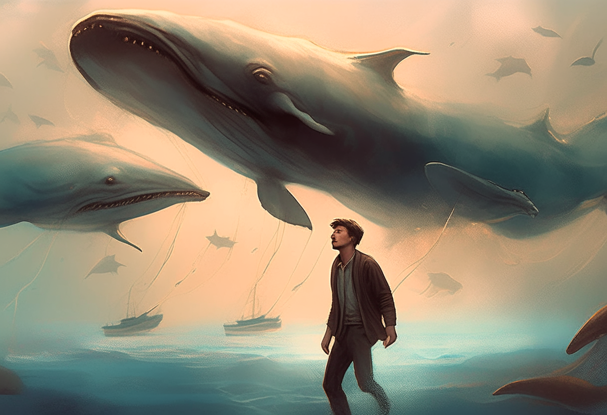 a young man flying with whales , happy ambiance, concept by Godfrey Blow, featured on deviantart, drawing, sots art, lyco art, artwork, photoillustration, poster art