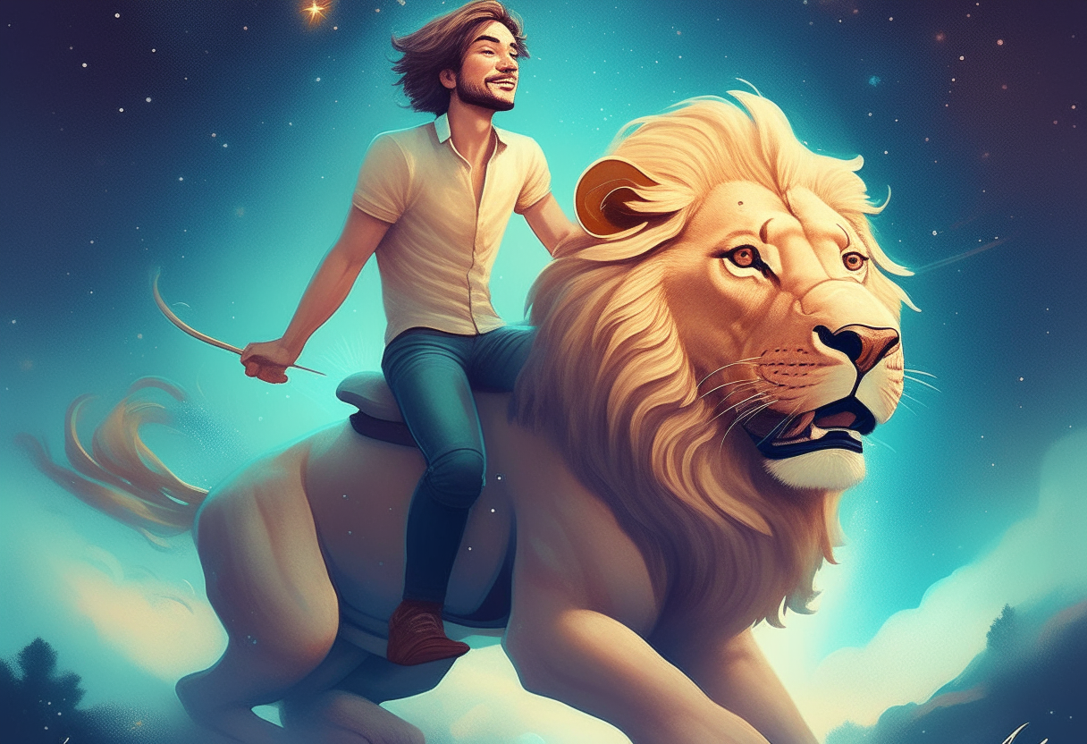 a young man rides a lion, stars in background, happy ambiance, concept by Godfrey Blow, featured on deviantart, drawing, sots art, lyco art, artwork, photoillustration, poster art