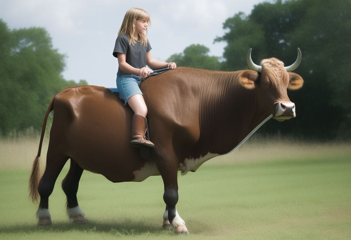 A girl riding a very skinny cow 