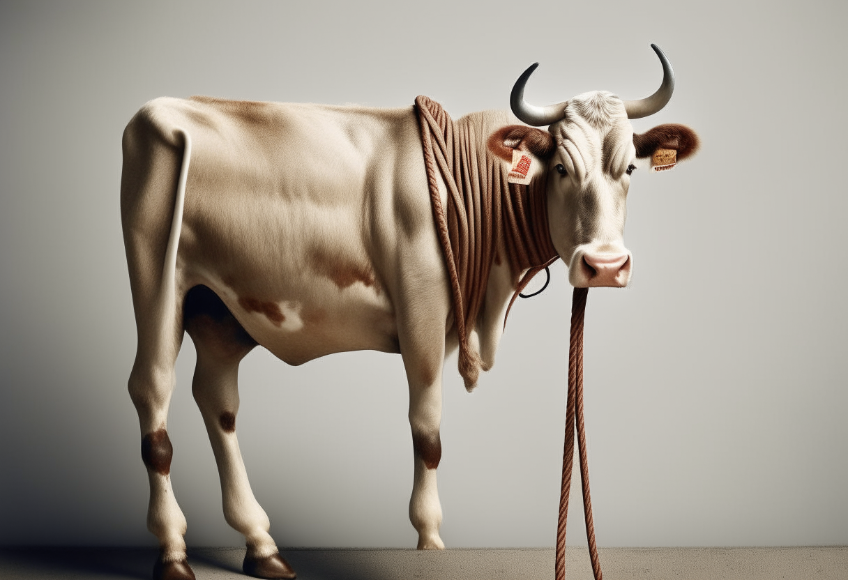 A  thin cow with a rope