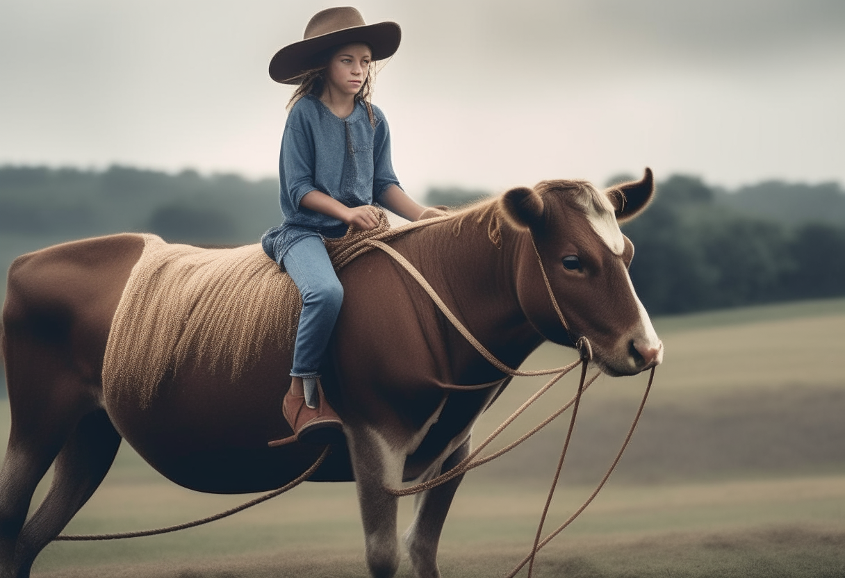 A girl riding a thin cow while a  rope is in her waist 