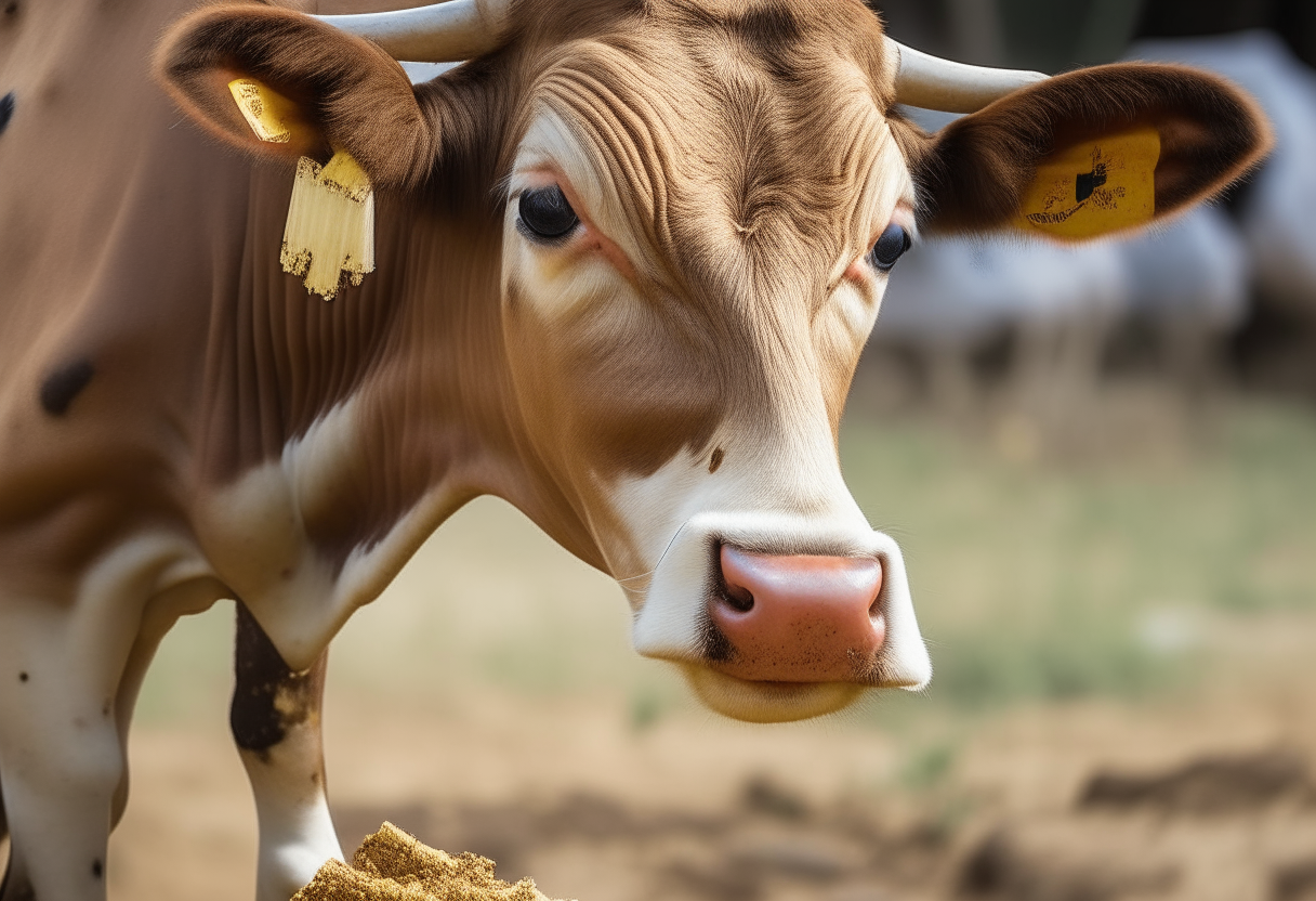 A cow eating food aggressively 