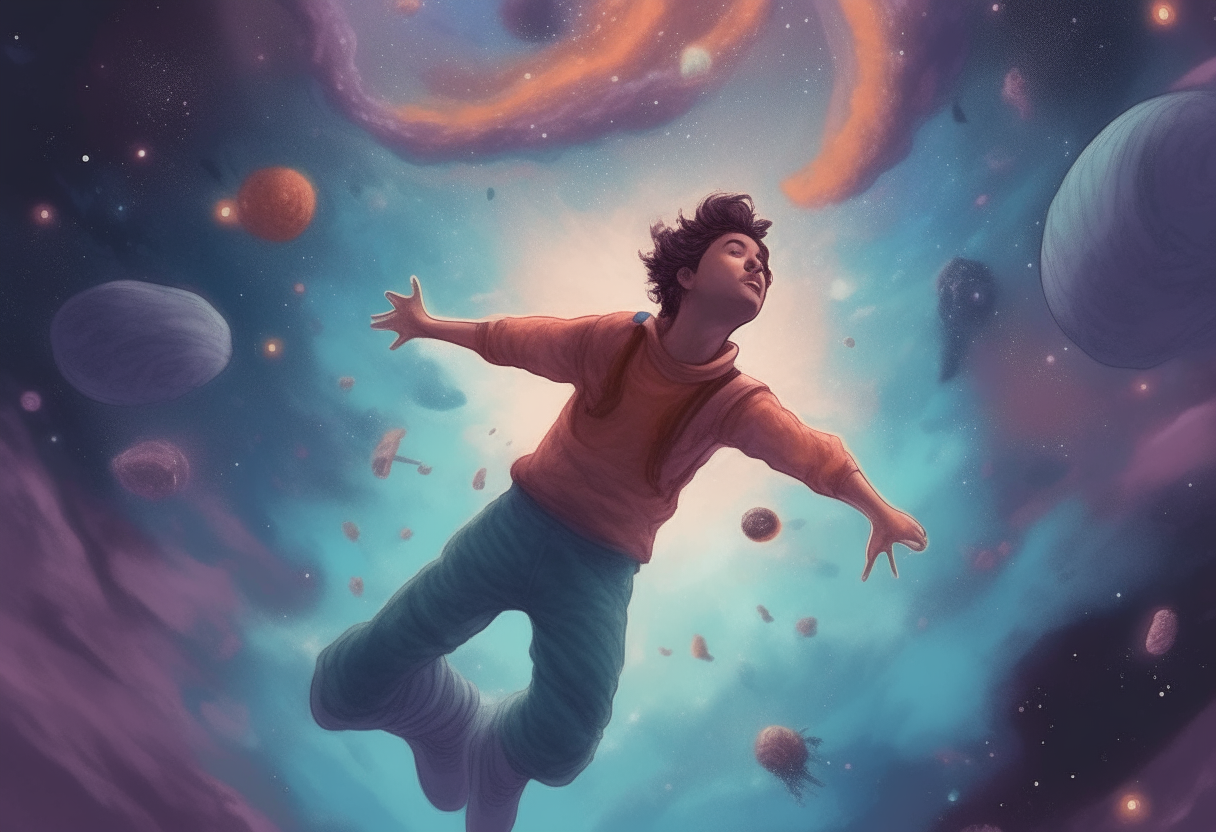 a young man fly with polyps, universe in the background, happy ambiance, concept by Godfrey Blow, featured on deviantart, drawing, sots art, lyco art, artwork, photoillustration, poster art