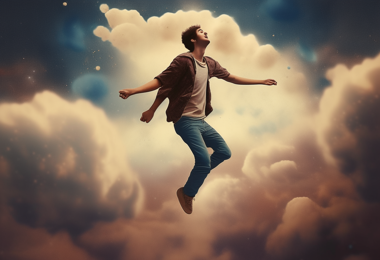 a young man jumps between clouds, universe in the background, happy ambiance, concept by Godfrey Blow, featured on deviantart, drawing, sots art, lyco art, artwork, photoillustration, poster art