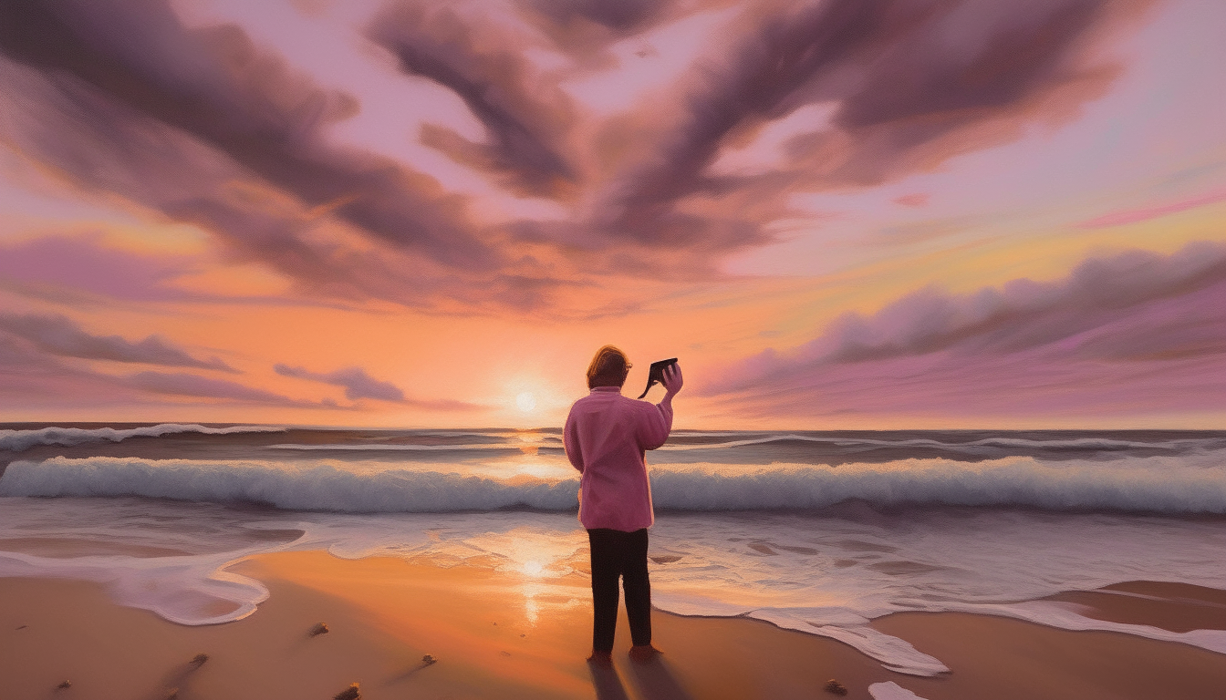 a painterly oil painting of a man taking a selfie on a sandy beach at sunset with dramatic clouds in a pink sky and golden light reflecting off the ocean waves
