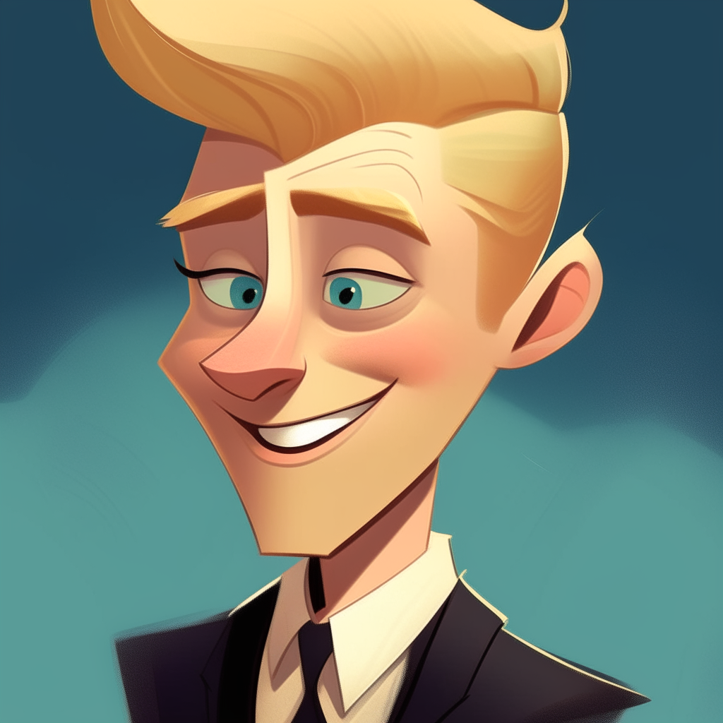 A cartoonish man with exaggerated features. He has bright blond hair styled in an oversized pompadour. His face is round and slightly chubby, with thick eyebrows above small eyes and a wide smile. He is dressed formally in a tailored suit and tie.