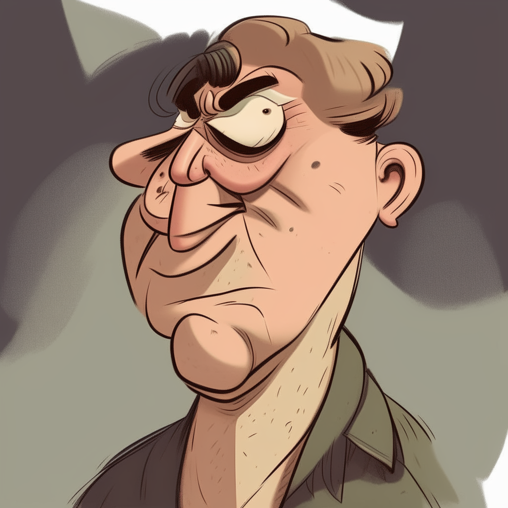 A more exaggerated cartoonish man with a rounder, heavier face and body. His hair is thinner and grayer. He has deeper wrinkles around his eyes and mouth.