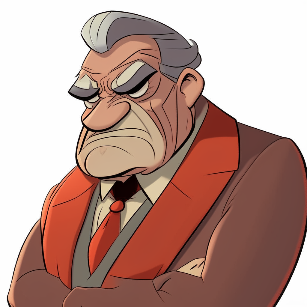 A heavily exaggerated cartoonish man. He has a very round, heavyset figure with no neck. His face is red and puffy with sagging jowls. He has thin gray hair swept back and prominent wrinkles. He wears an oversized suit that strains at the buttons.