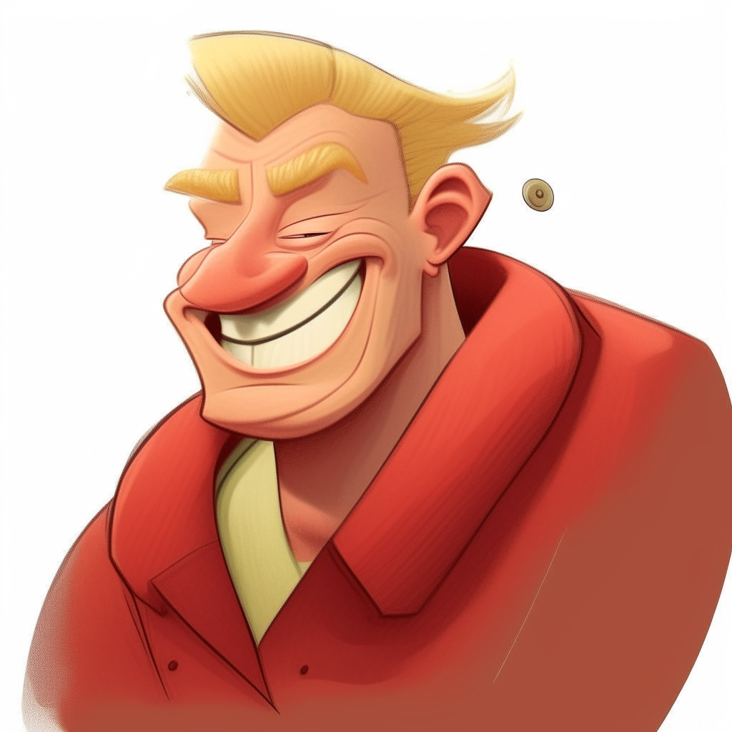 A heavily exaggerated cartoonish man. He has a very round, protruding pear-shaped face and body with no neck. His hair is styled in a tall, oversized blond pompadour. His face is red and puffy with prominent wrinkles and an extra wide smile stretching from ear to ear.