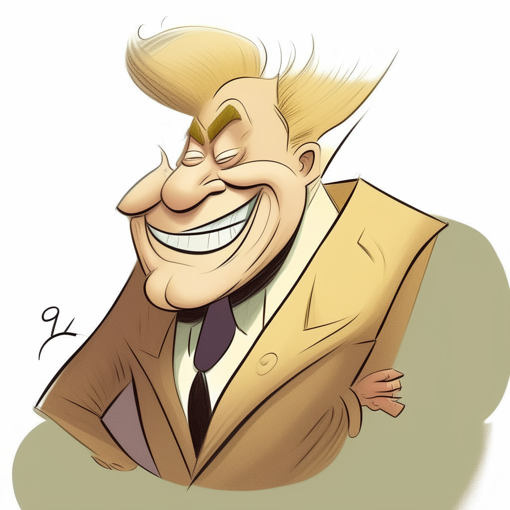 An extremely exaggerated cartoonish man. His face is an enormous pear shape, hanging low below his overly large chin. Deep wrinkles surround his extra wide smile. His hair is styled in a tall, wispy blond pompadour. He wears a tight fitting suit that struggles to contain his protruding figure.