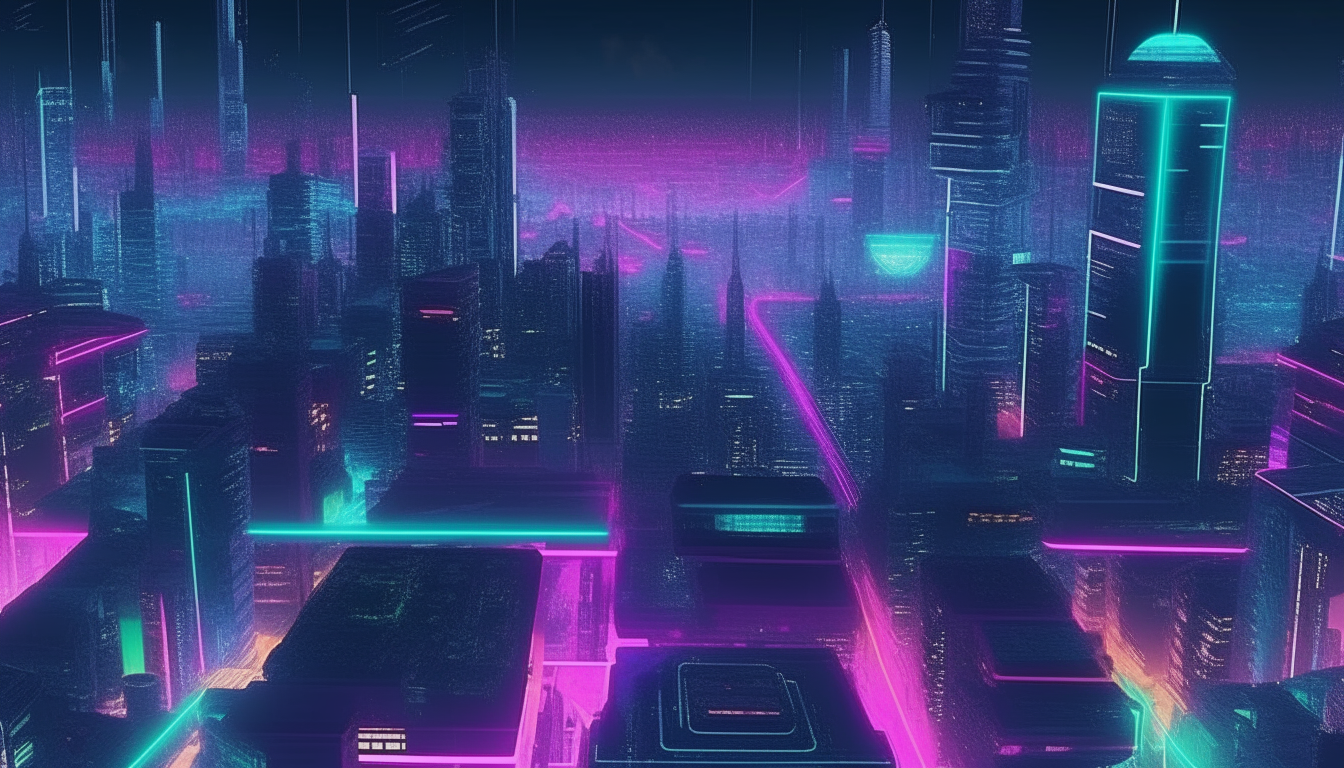 overhead view of a futuristic vaporwave city at night with neon lights and a holographic skyline