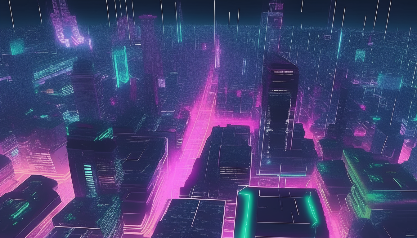 overhead view of the futuristic vaporwave city at night as you fly over neon lights and holographic skyscrapers