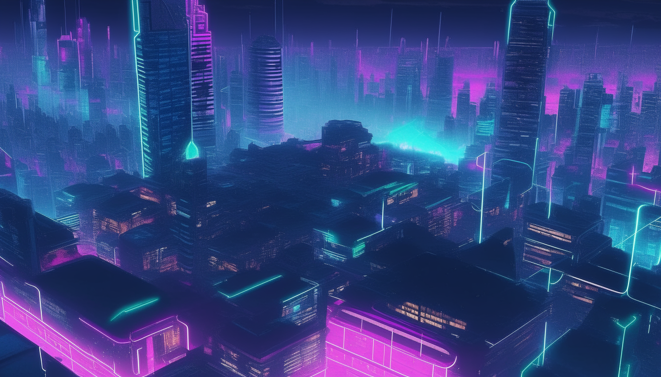 overhead view of a futuristic vaporwave city at night with neon lights and a holographic skyline