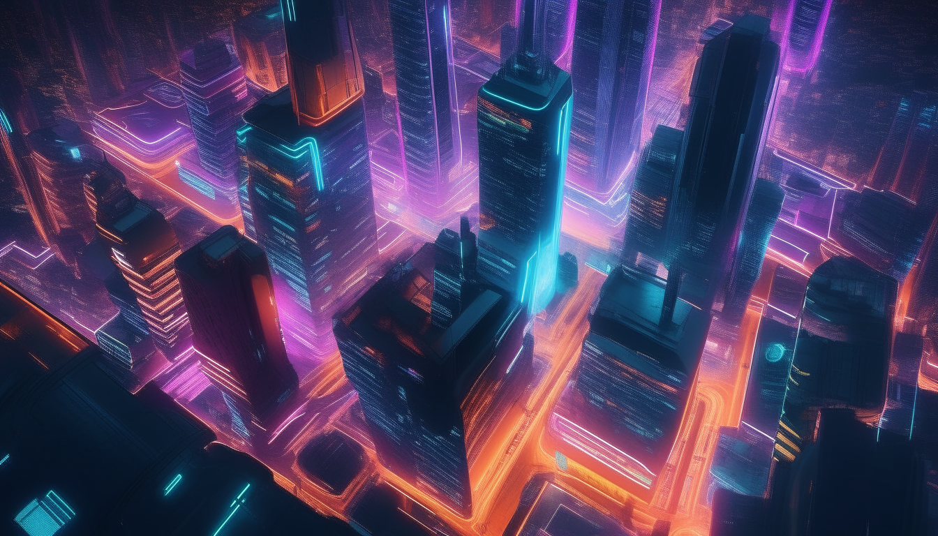 overhead view of the futuristic city as neon lights glow below the hovering skyscrapers