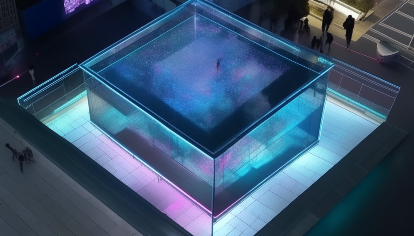 view from above as you pass a holographic billboard