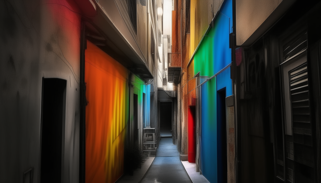 glimpse of an alley below pulsating with color