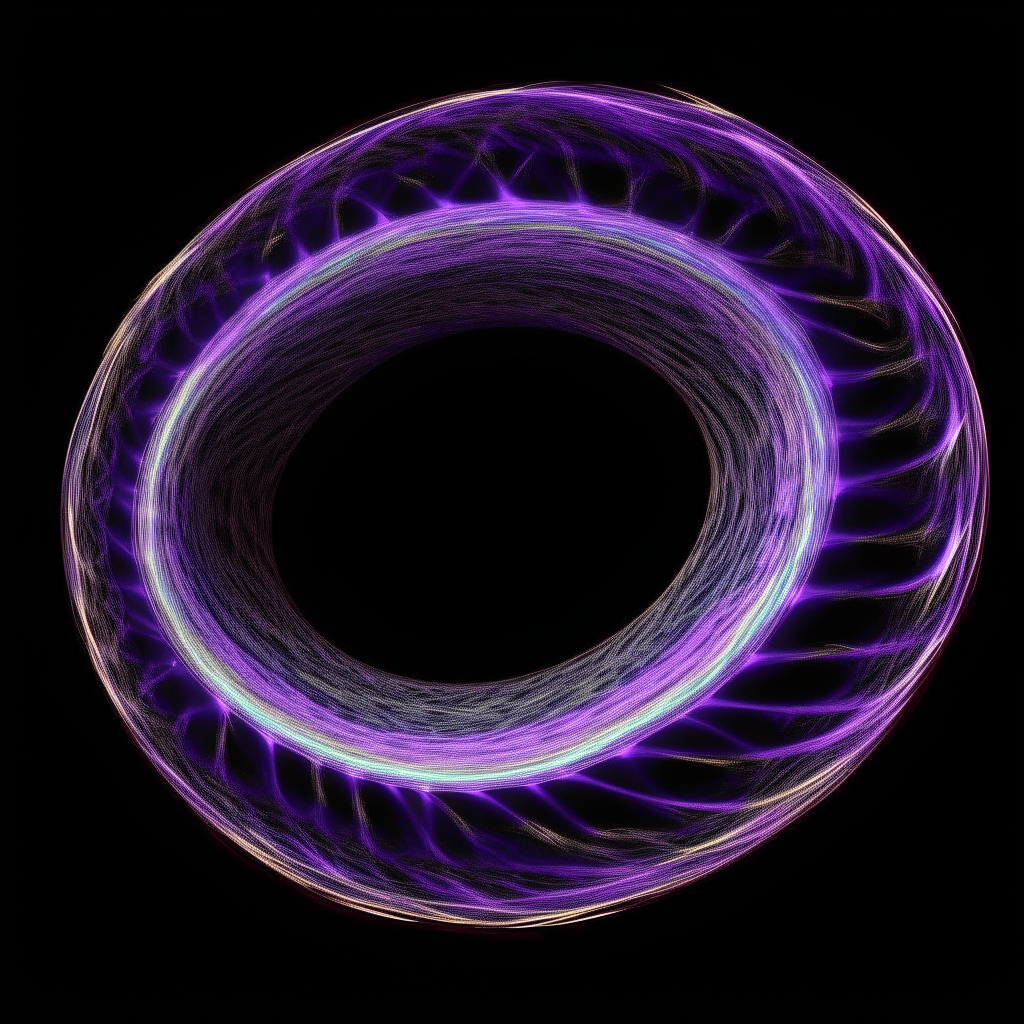 A torus coil tuned to the frequency of 432 Hz, with negative ions depicted as a swirling violet vortex winding around the coil. Rendered in ultra-high definition with microscopic detail and scientific accuracy.