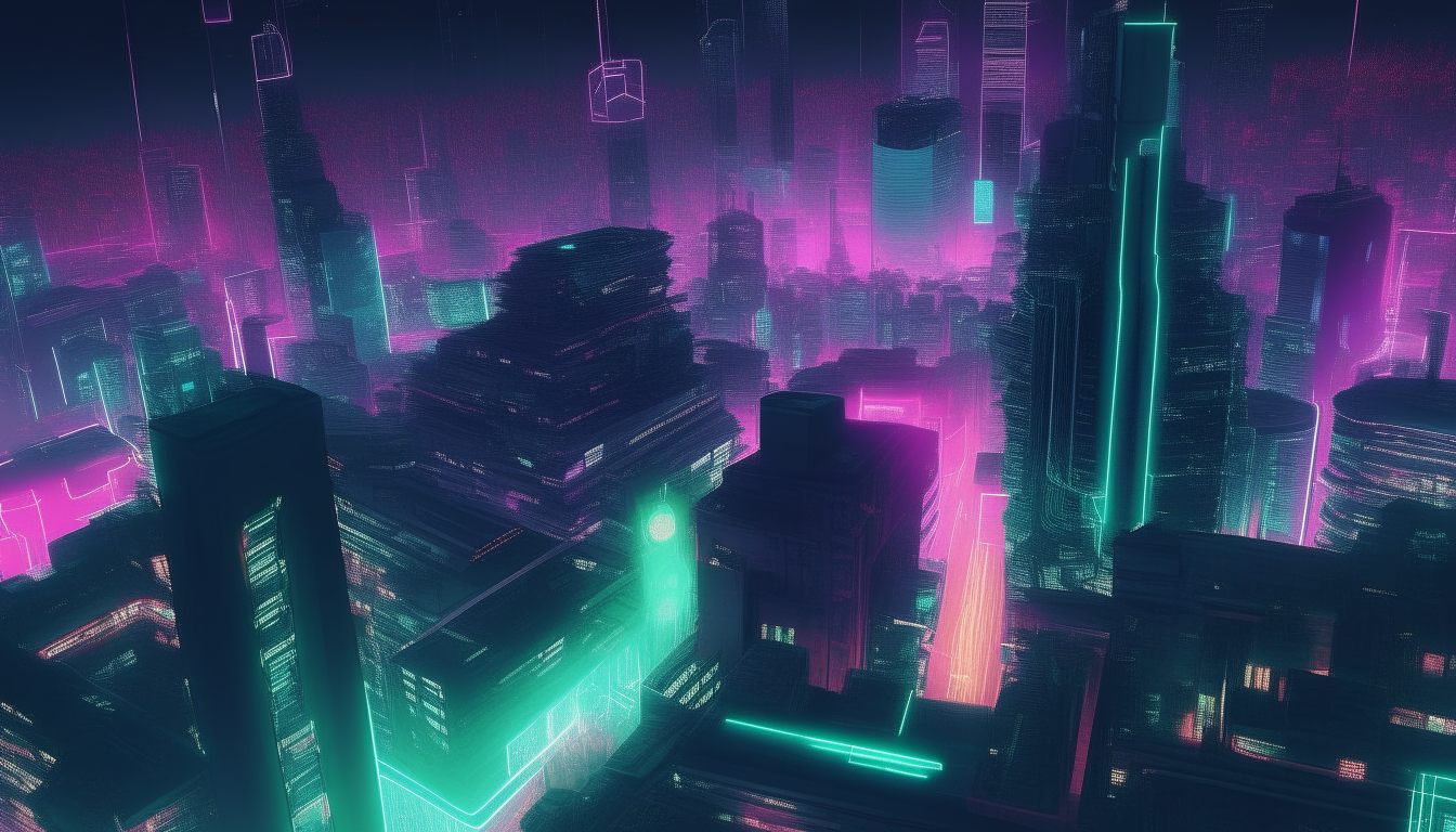 overhead view of a futuristic vaporwave city at night, with neon lights glowing below hovering skyscrapers