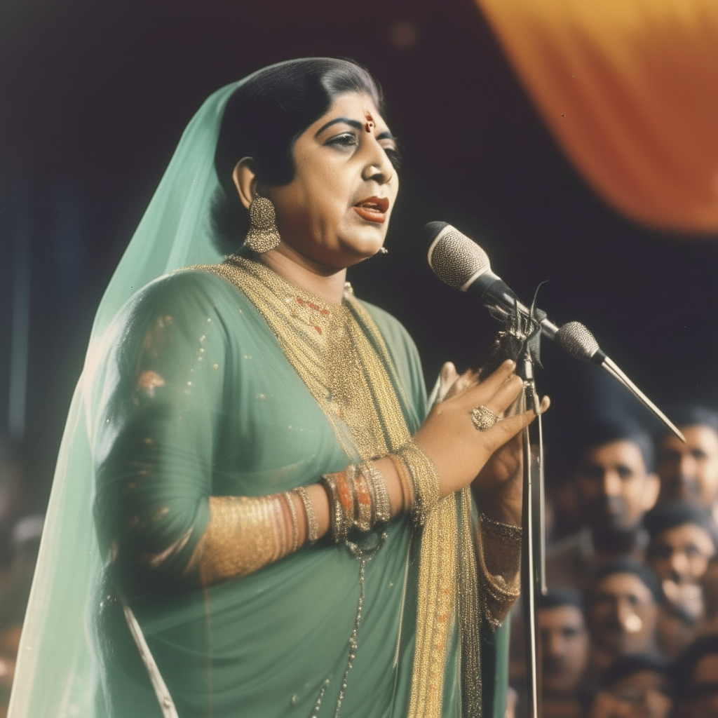 Lata Mangeshkar singing on stage in front of a live audience, wearing a beautiful saree