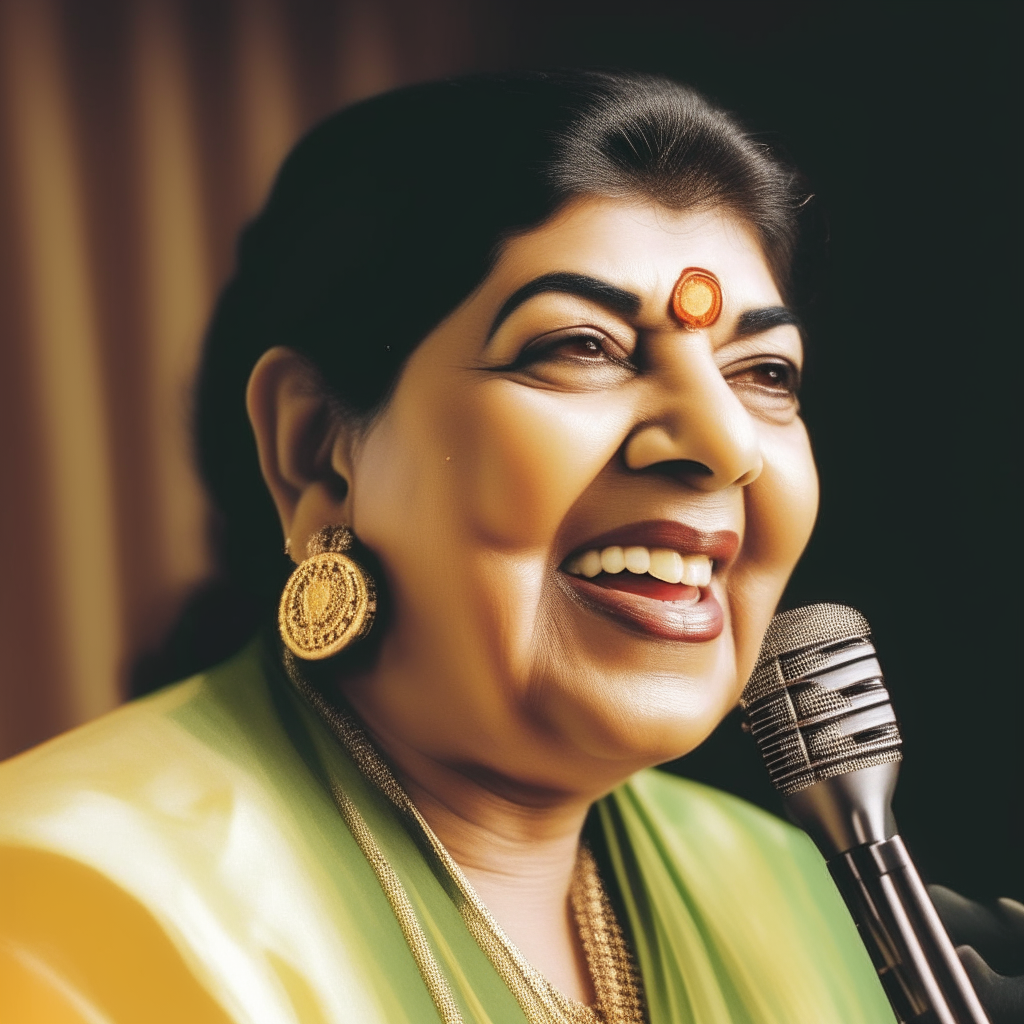 Headshot portrait of legendary singer Lata Mangeshkar smiling with a microphone