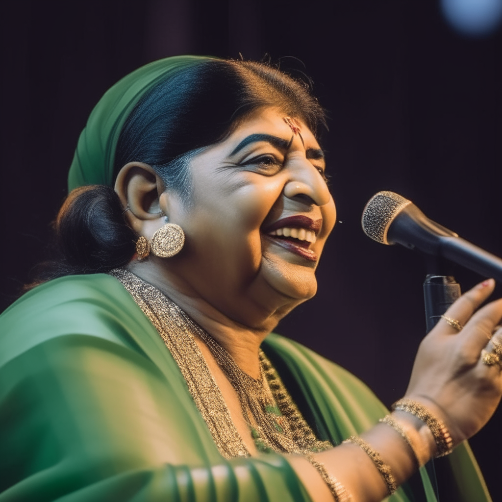 Portrait of legendary singer Lata Mangeshkar smiling while singing on stage with a microphone