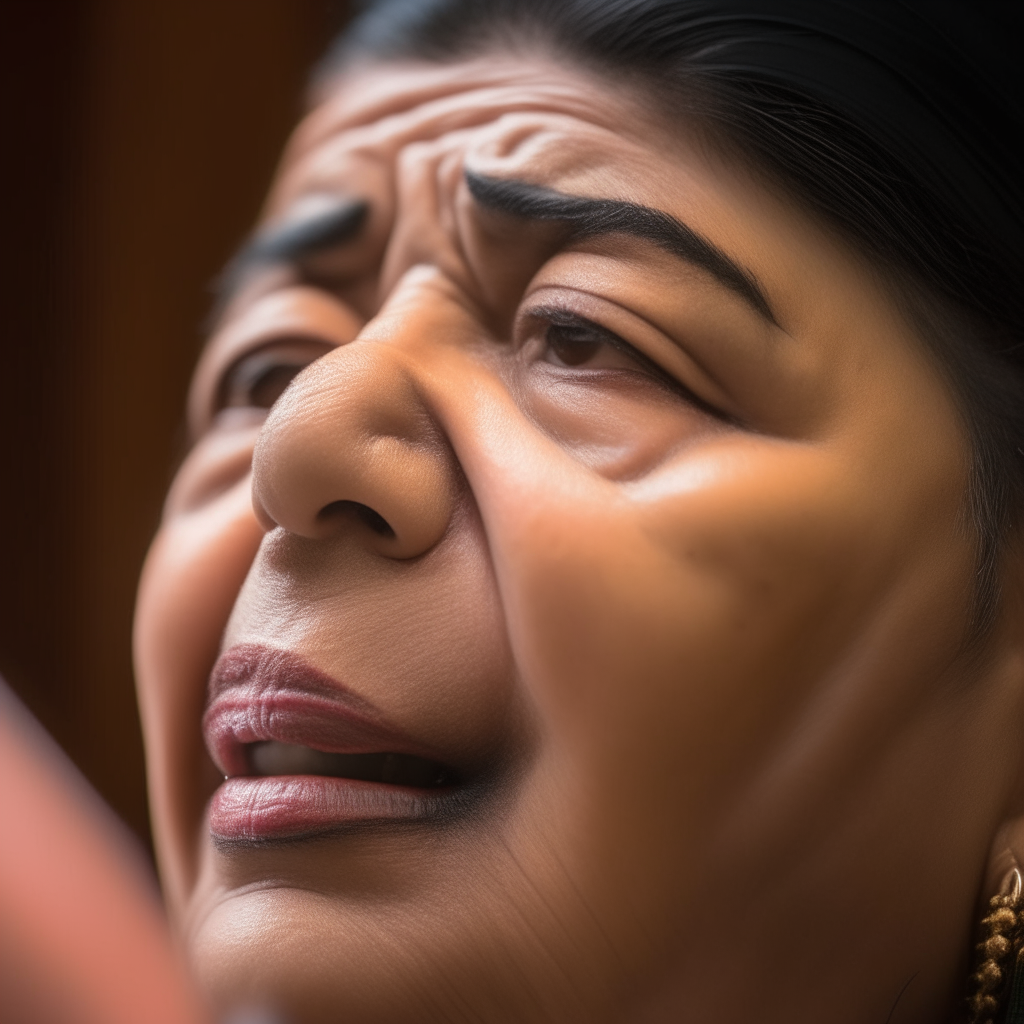 Close-up photo of Lata Mangeshkar's face as she sings, showing emotion and expression