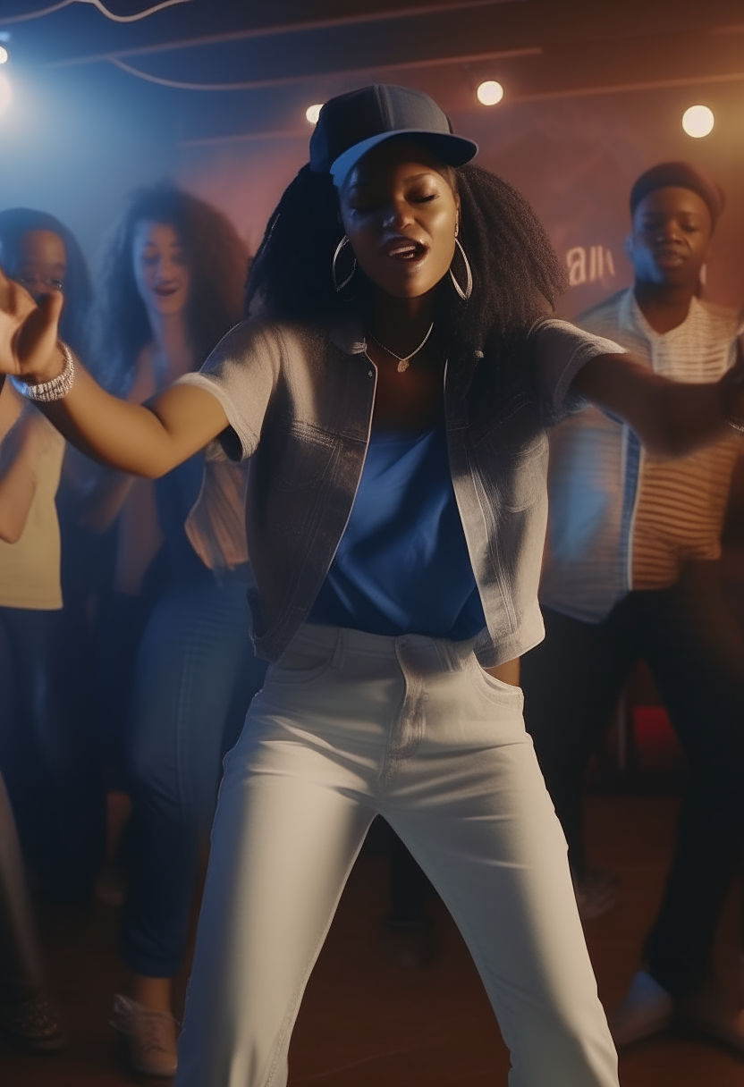In a full, high-definition video, a woman dances with a rap band at a party in front of an audience 