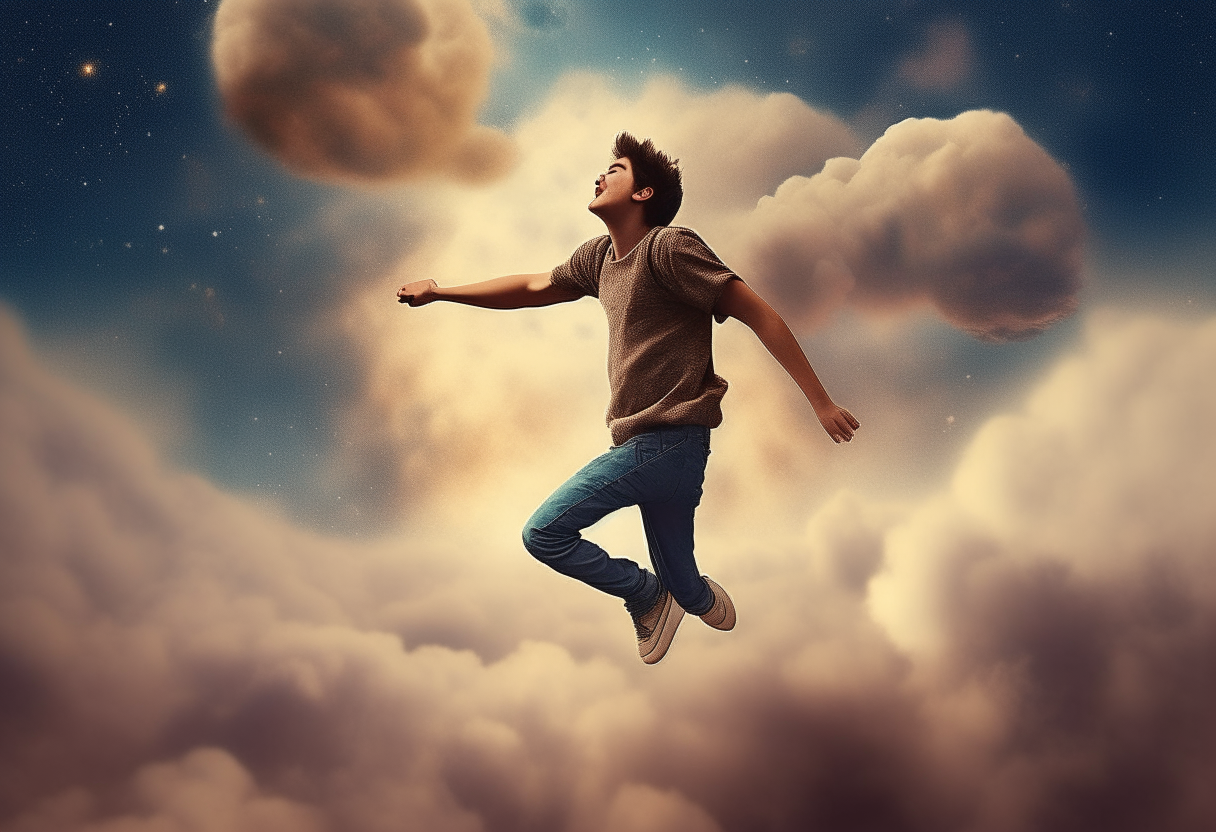 a young man jumps between clouds, universe in the background, happy ambiance, concept by Godfrey Blow, featured on deviantart, drawing, sots art, lyco art, artwork, photoillustration, poster art