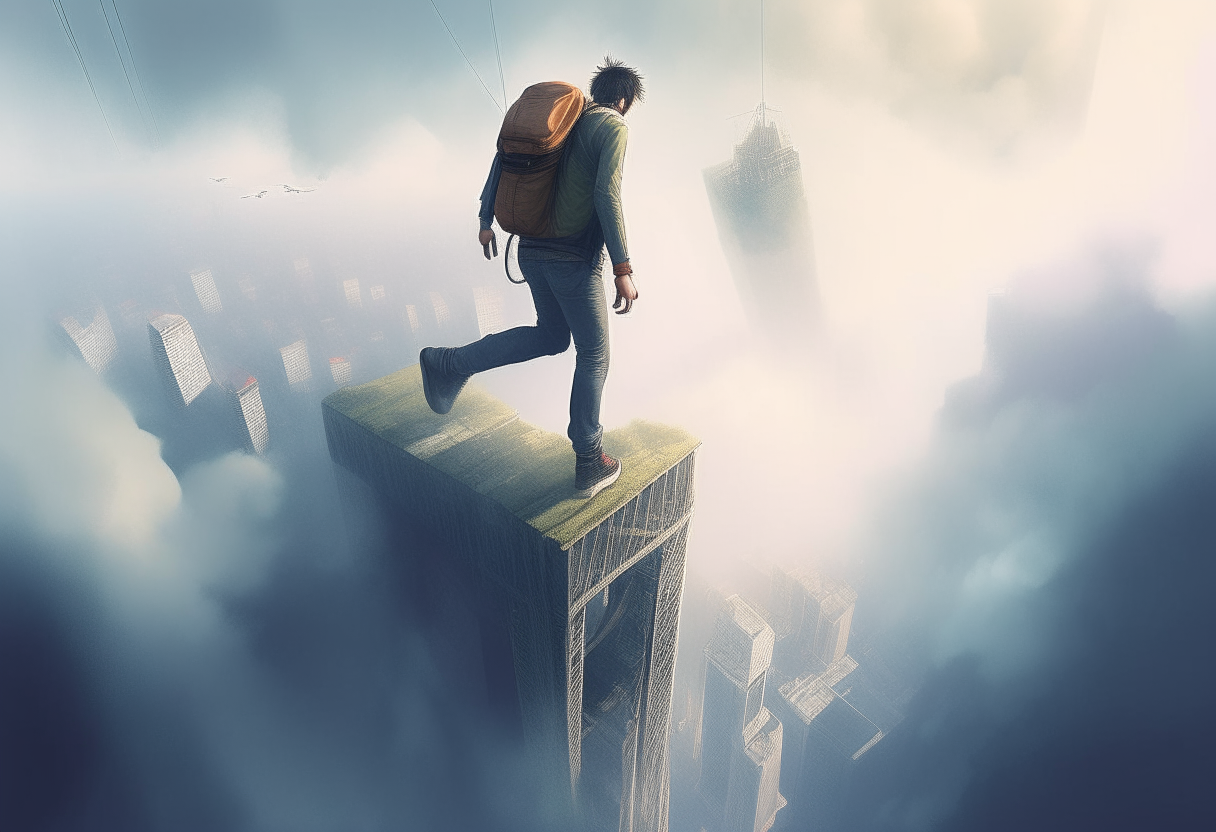 a young man base jumping from the top of a high foggy tower, happy ambiance, concept by Godfrey Blow, featured on deviantart, drawing, sots art, lyco art, artwork, photoillustration, poster art