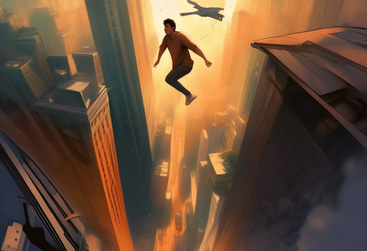 a young man flies between high buildings, happy ambiance, concept by Godfrey Blow, featured on deviantart, drawing, sots art, lyco art, artwork, photoillustration, poster art