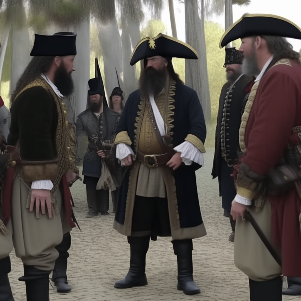 Blackbeard and his men meet with the governor of North Carolina to seek the king's forgiveness