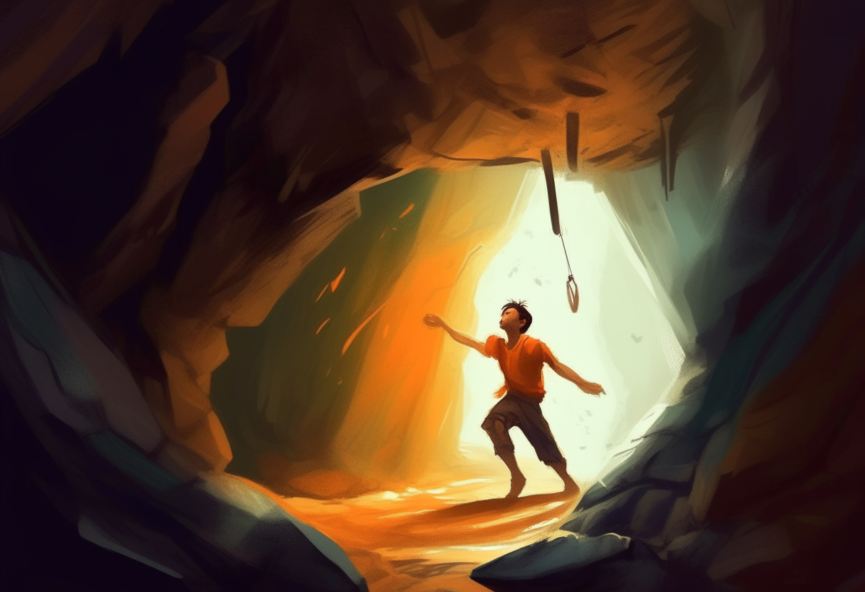 a young man falls into a cave, happy ambiance, concept by Godfrey Blow, featured on deviantart, drawing, sots art, lyco art, artwork, photoillustration, poster art