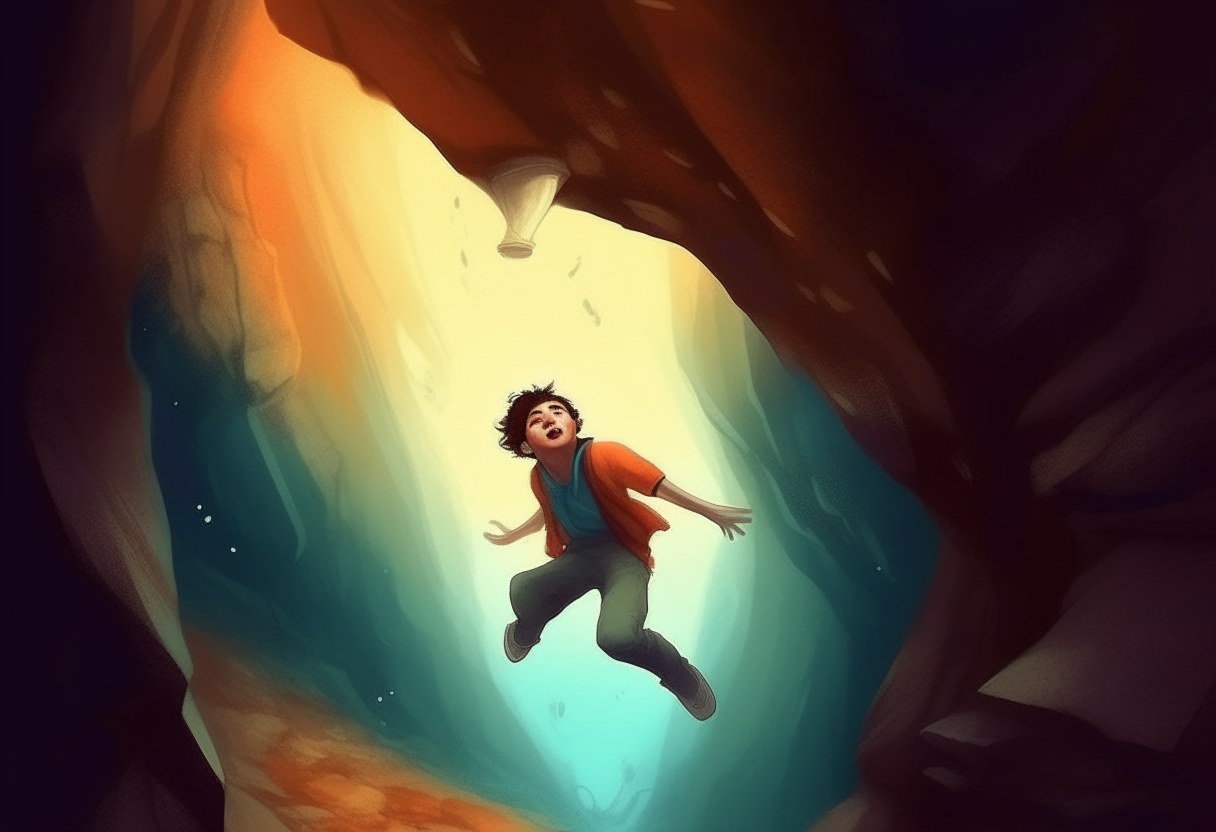 a young man fly into a cave, happy ambiance, concept by Godfrey Blow, featured on deviantart, drawing, sots art, lyco art, artwork, photoillustration, poster art