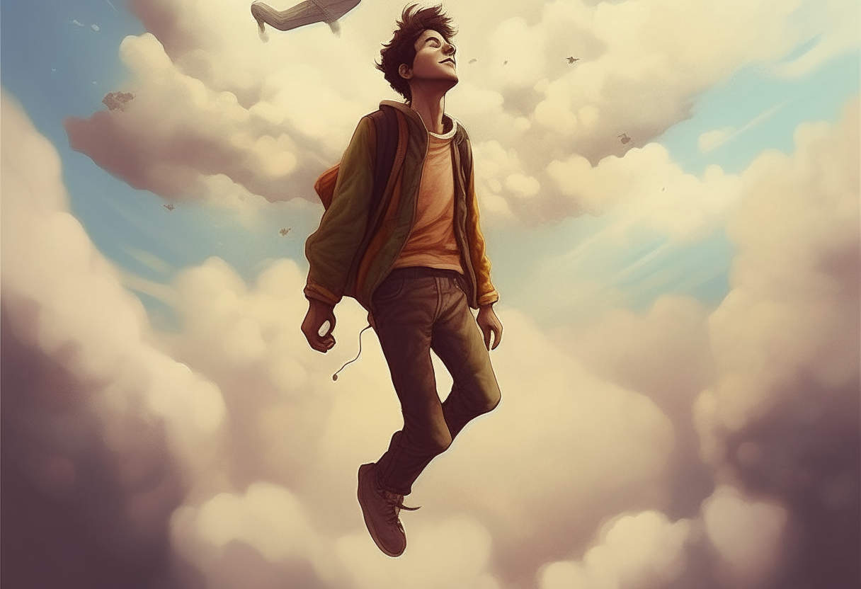 a young man flyabove clouds, happy ambiance, concept by Godfrey Blow, featured on deviantart, drawing, sots art, lyco art, artwork, photoillustration, poster art