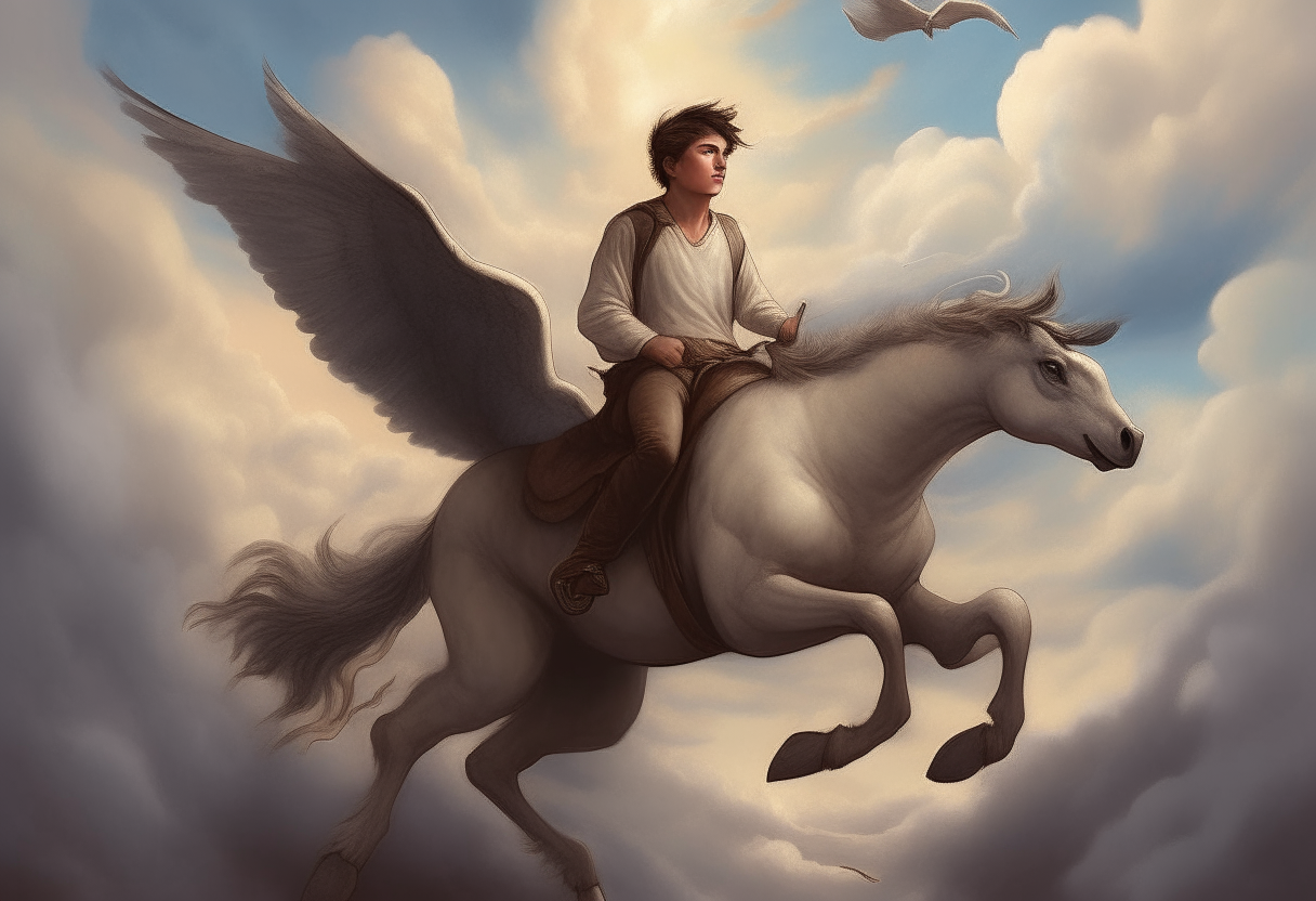 a young man rides a hippogriff among the clouds, happy ambiance, concept by Godfrey Blow, featured on deviantart, drawing, sots art, lyco art, artwork, photoillustration, poster art