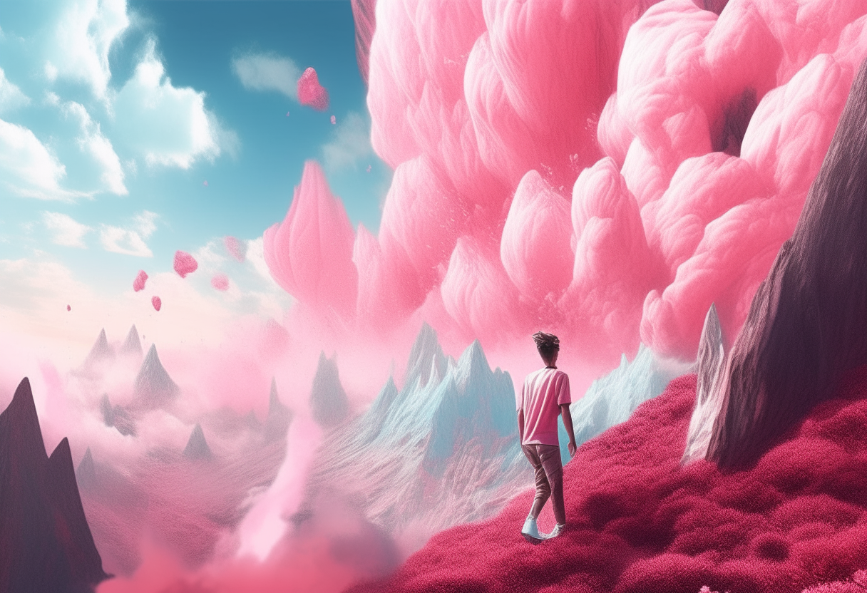 a young man falls between cotton candy mountains, happy ambiance, concept by Godfrey Blow, featured on deviantart, drawing, sots art, lyco art, artwork, photoillustration, poster art