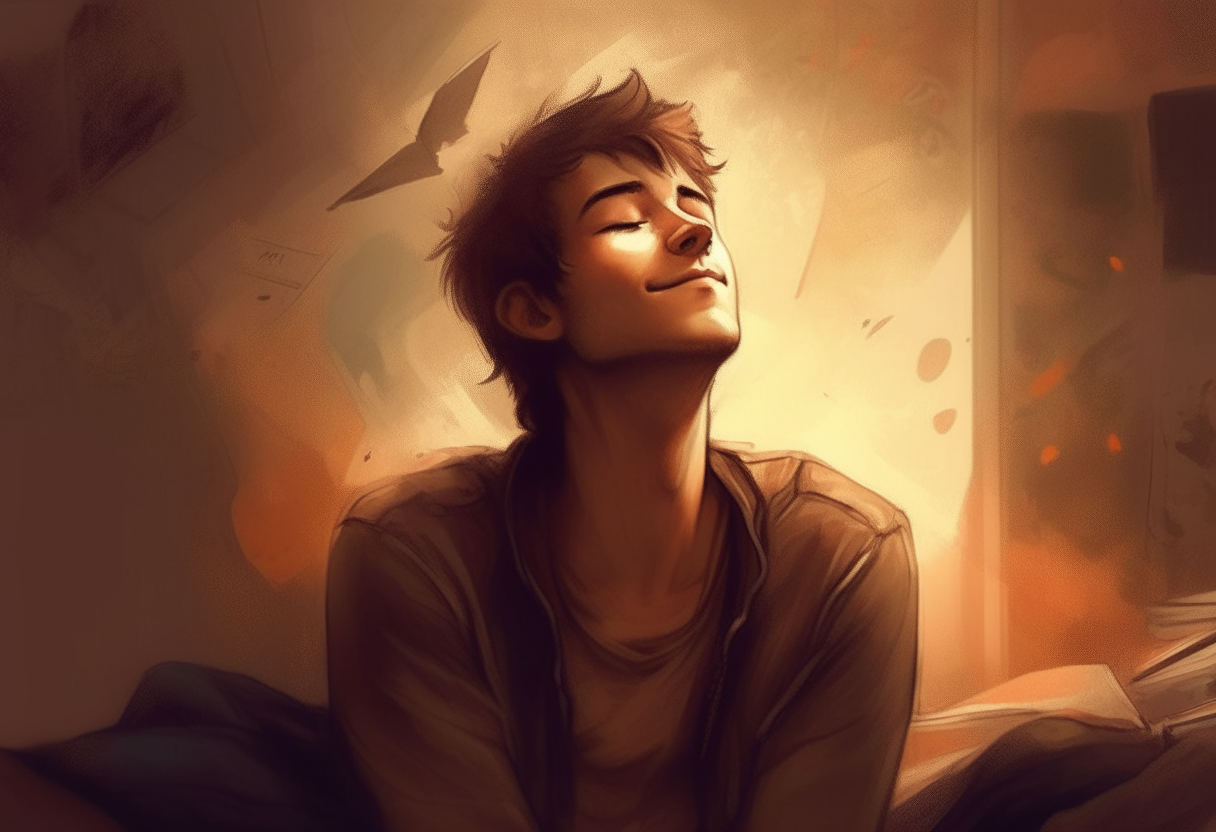 a young man dreaming, happy ambiance, concept by Godfrey Blow, featured on deviantart, drawing, sots art, lyco art, artwork, photoillustration, poster art