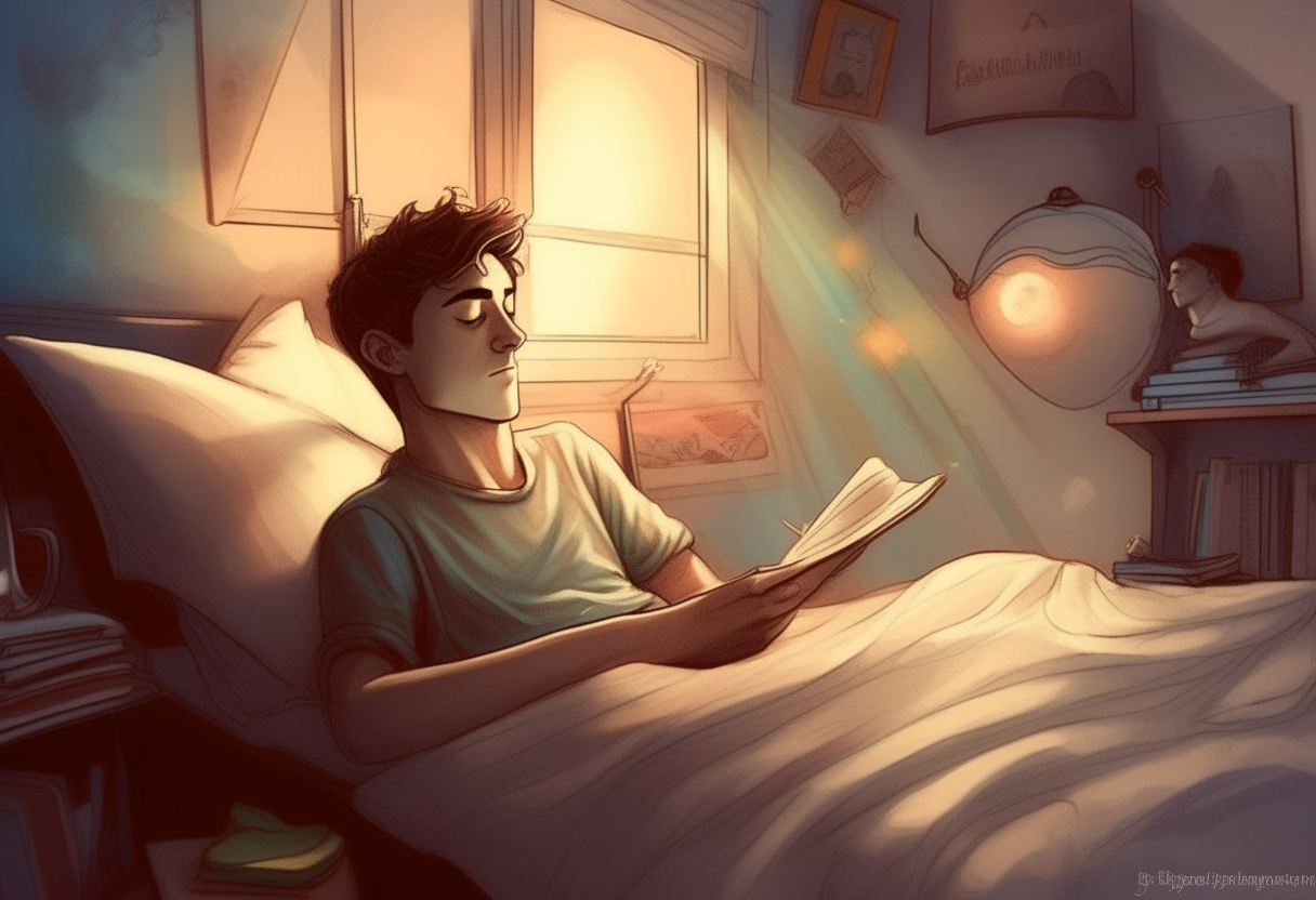 a young man dreaming in bed, happy ambiance, concept by Godfrey Blow, featured on deviantart, drawing, sots art, lyco art, artwork, photoillustration, poster art