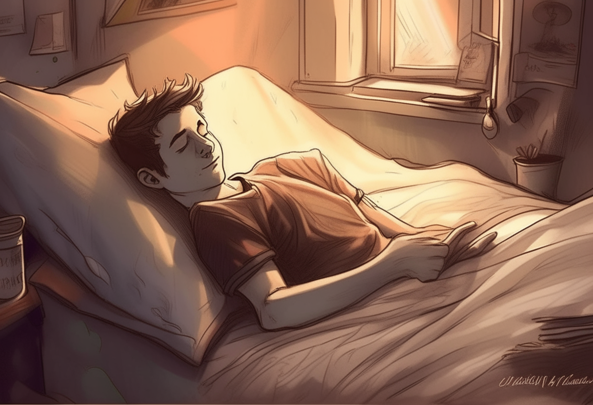 a young man sleeping in bed, happy ambiance, concept by Godfrey Blow, featured on deviantart, drawing, sots art, lyco art, artwork, photoillustration, poster art