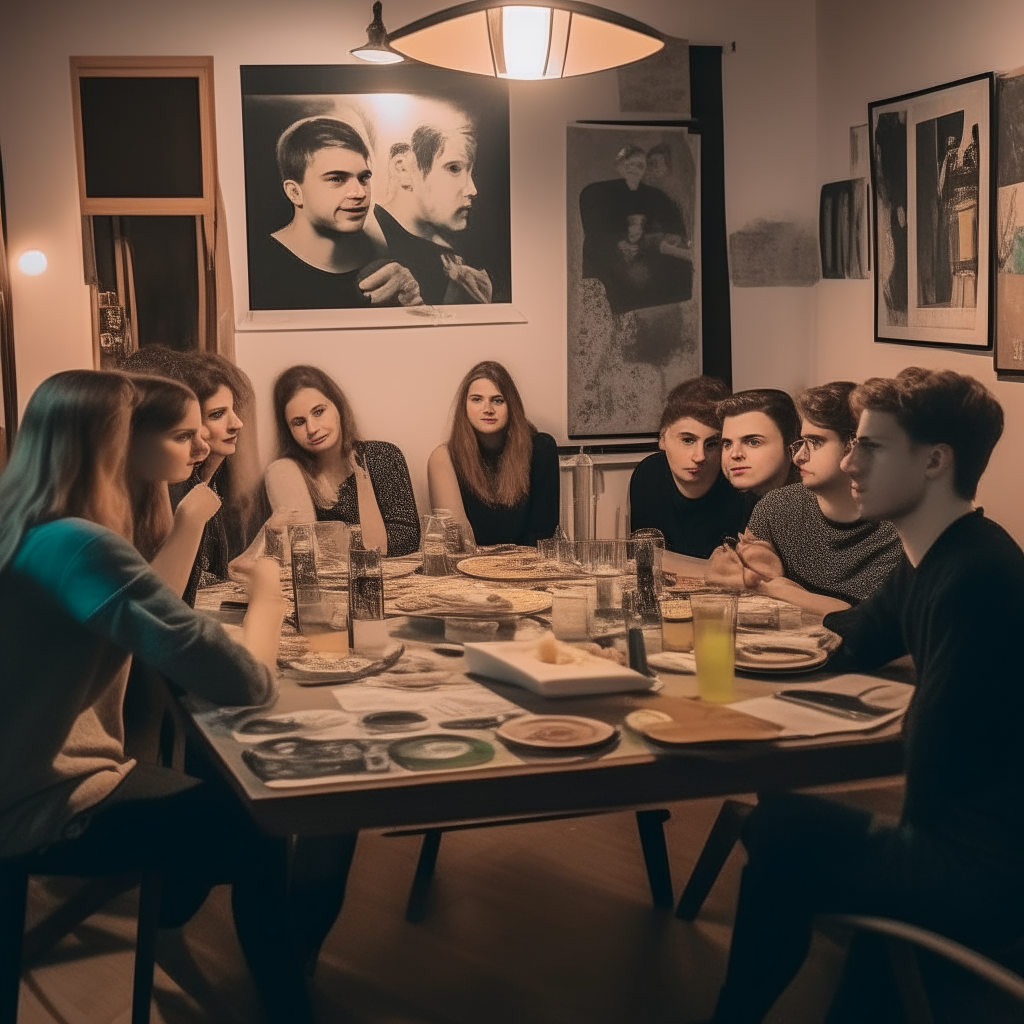 A group of people sitting around a table at a party. A poster on the wall reads 'DJ JUNTATEMAS'