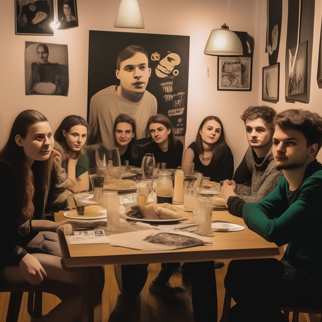 A group of people sitting around a table at a party. A poster on the wall reads 'DJ JUNTATEMAS'