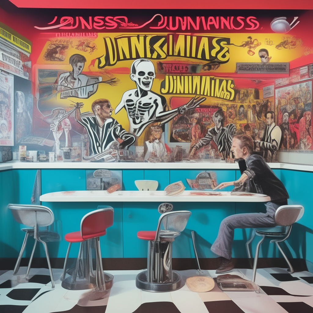 A poster on the wall announces 'DJ JUNTATEMAS' spinning records at an American breakfast diner. The employees and customers are skeletons dressed as humans dancing funk from the 1970s with psychedelic, decadent punk-style rendering. The scene is set inside the diner with a counter and stools.