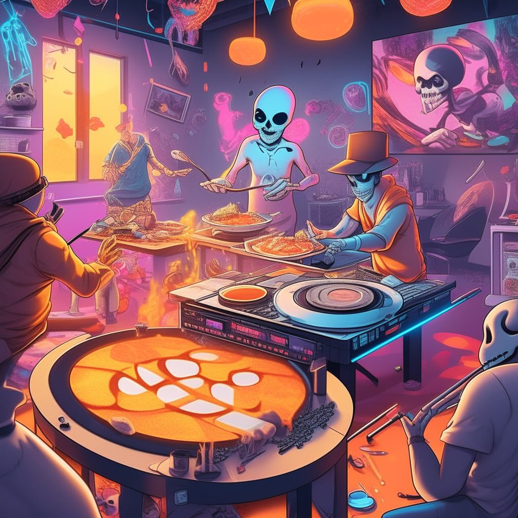 A poster announcing a DJ set by Juntatemas, showing the DJ playing records and cooking pancakes at a breakfast bar while skeleton customers dance around them. The scene has a psychedelic, Fortnite-style rendering.