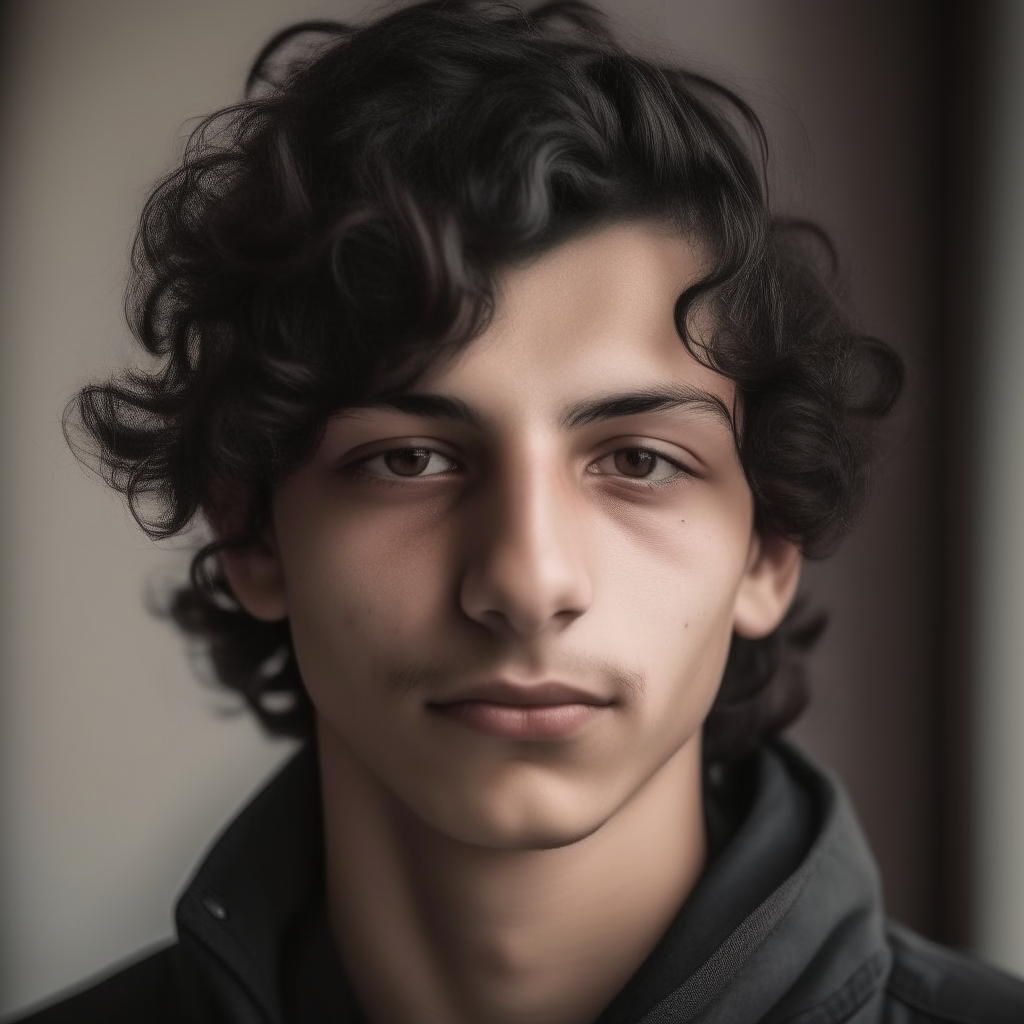 A portrait of an 18-year-old man of Roma appearance, with gray eyes, black wavy hair to his shoulders, in the artistic style of image-4.