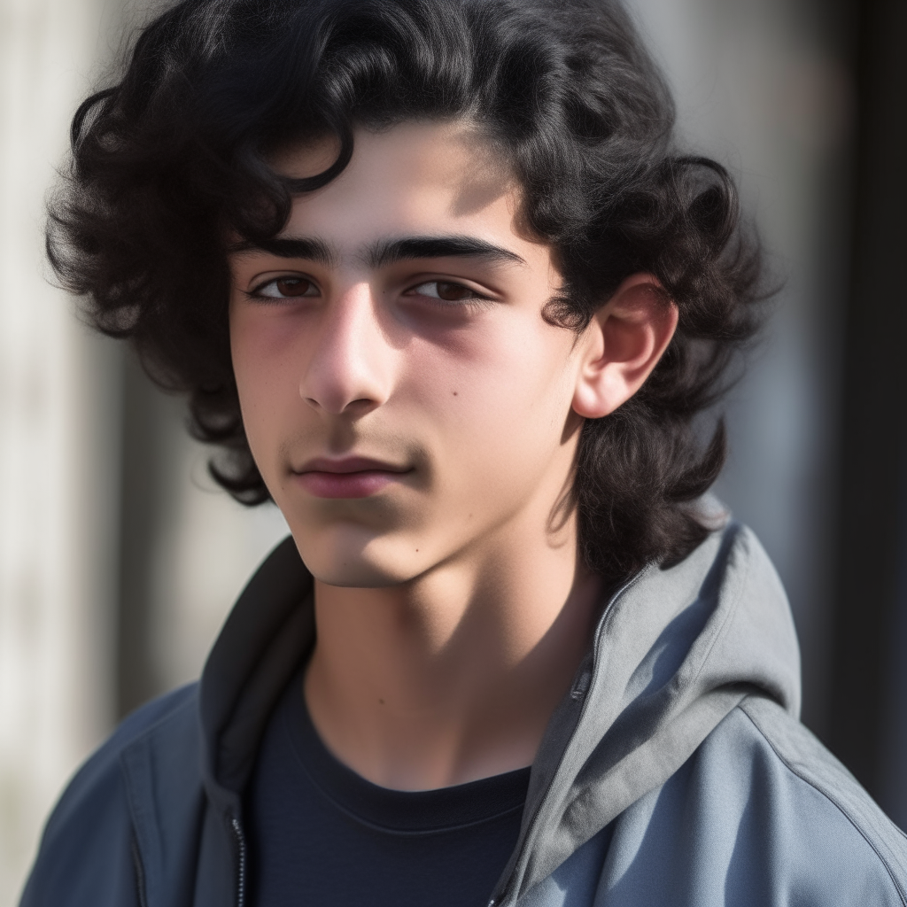 A three-quarter view of an 18-year-old man of Roma appearance, with gray eyes, black wavy hair to his shoulders, in casual clothing and in the artistic style of image-4.