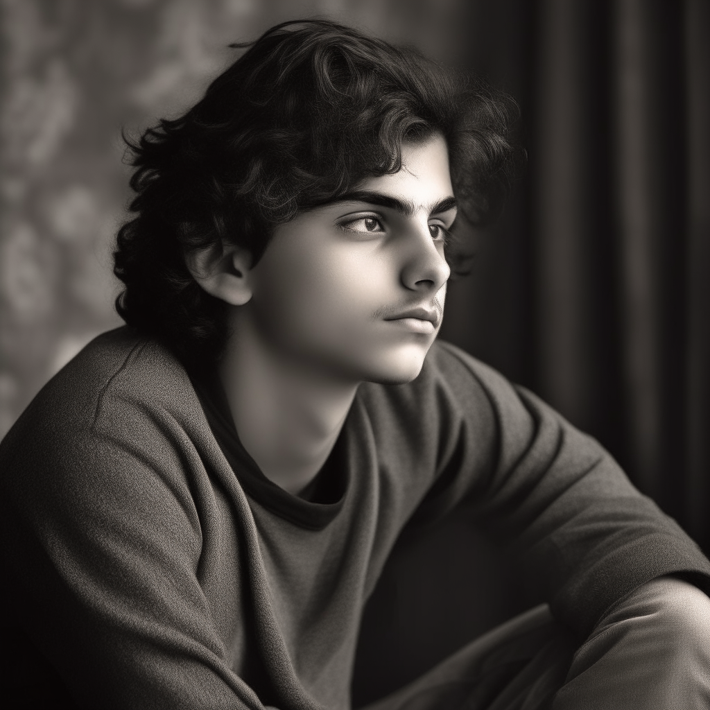 A young man of Roma appearance, age 18, with gray eyes and black wavy hair to his shoulders, sitting and gazing into the distance, in the artistic style of image-4.