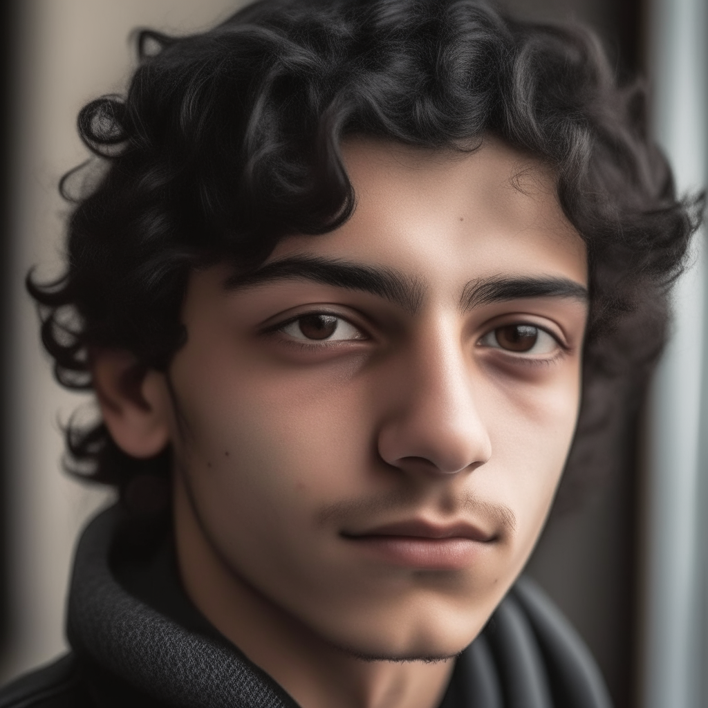 A close-up portrait of an 18-year-old man of Roma appearance, with gray eyes and black wavy hair, in the artistic style of image-4.