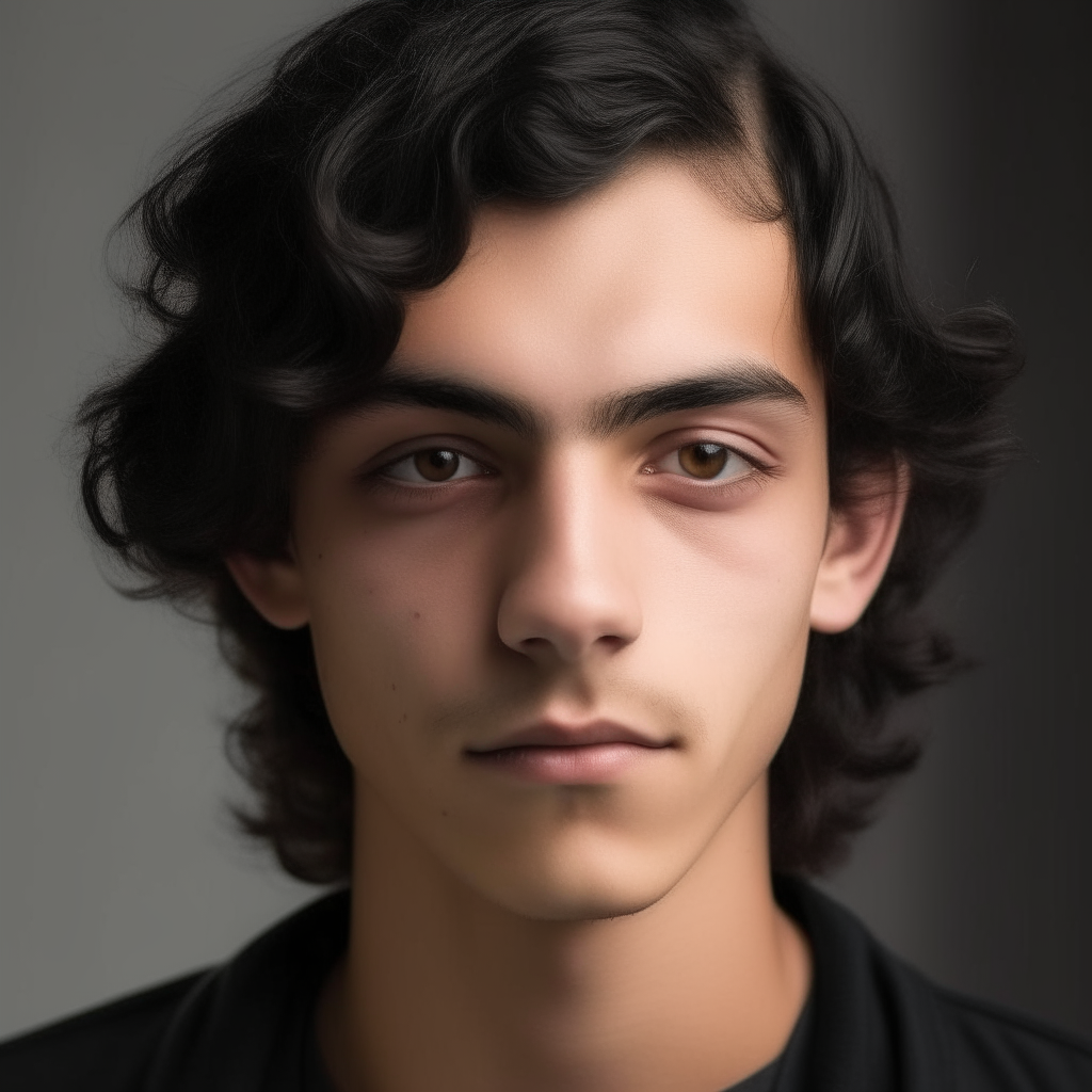 A portrait of an 18-year-old Spanish-appearing man with gray eyes, shoulder-length black wavy hair.