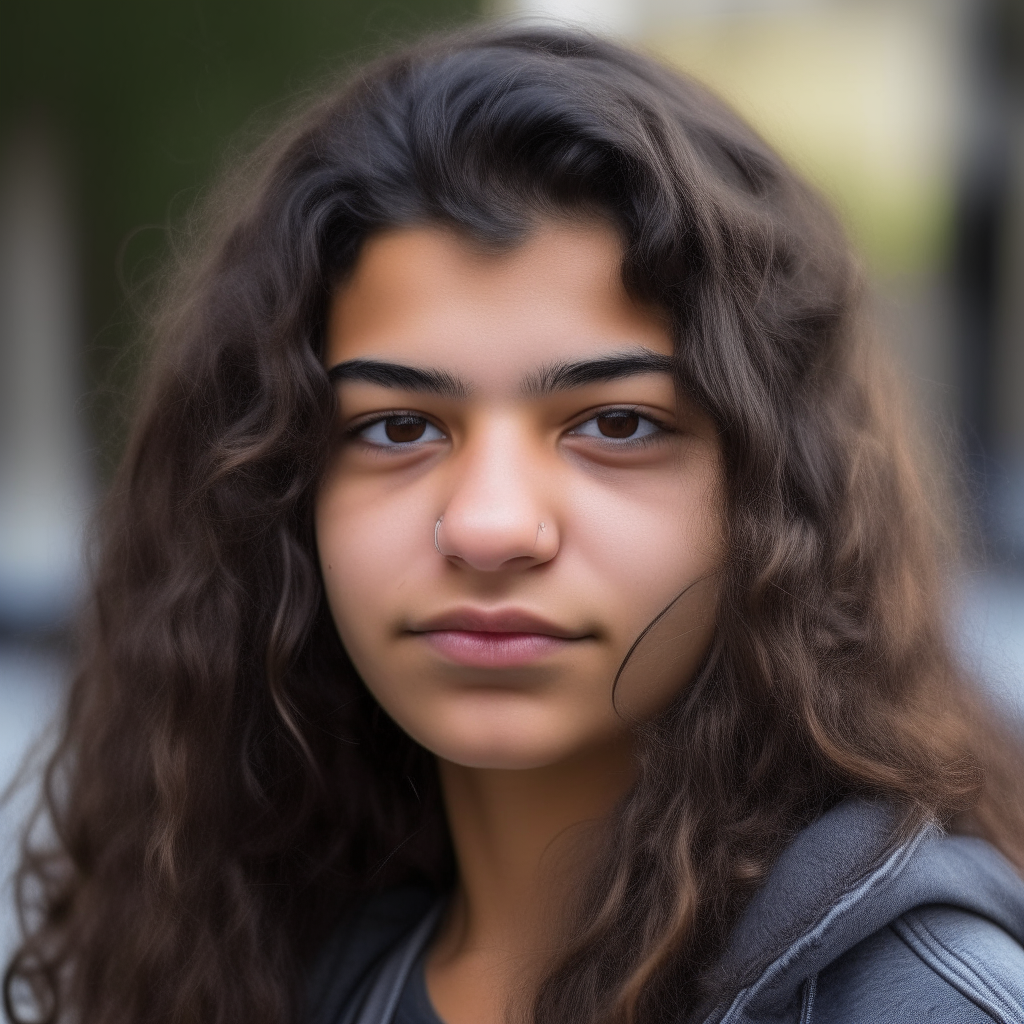 Portrait of Niko, 18-year-old student of Roma and Spanish descent, with gray eyes and long black wavy hair pulled back.